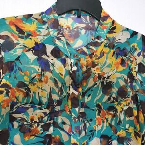Kut from the Kloth Women Teal Floral Mandarin Collar Chiffon Career Shirt Medium